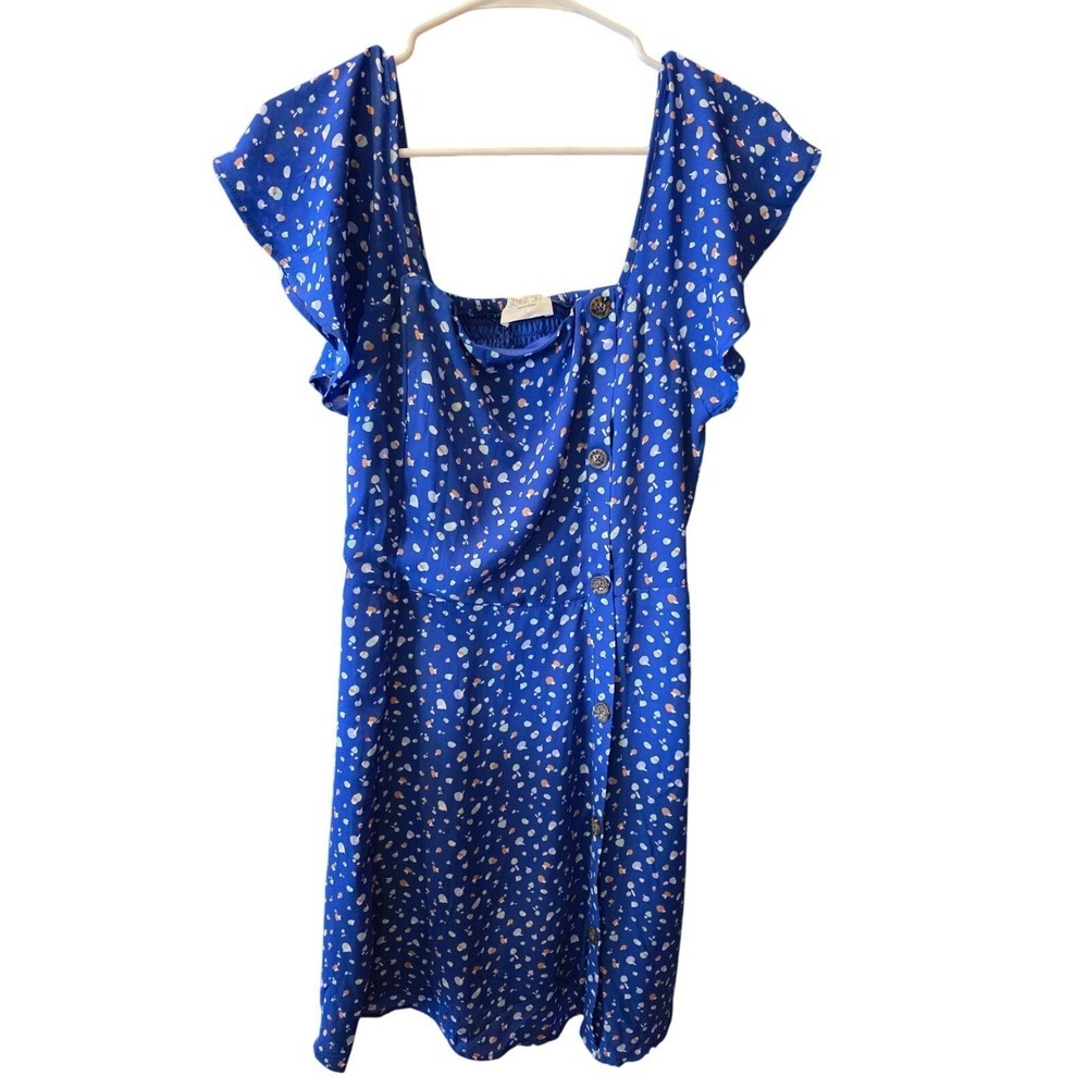 Sienna Sky Cottage Core Mini Dress‎ L Womens Blue Floral Scoop Neck Cap Sleeve